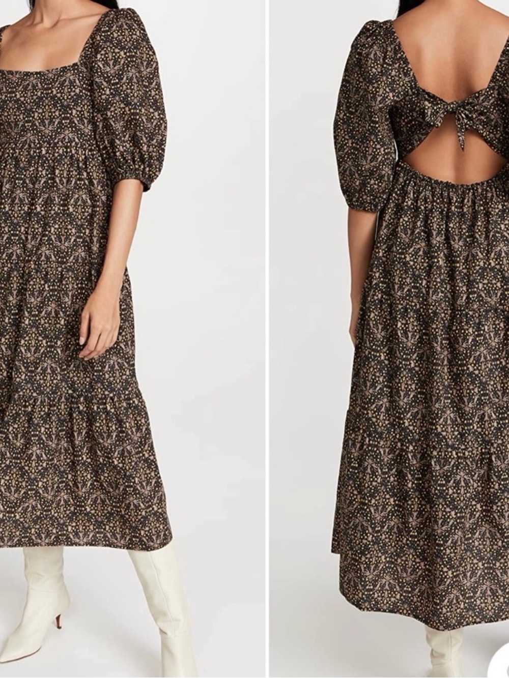 MINKPINK Floral Puff-Sleeve Midi Dress W/ Open Back